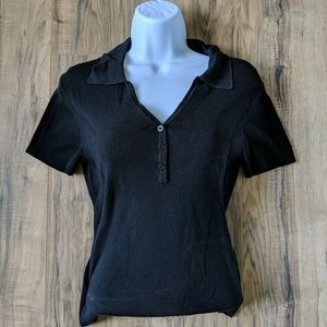 Cullen 100% Silk Ribbed Collared Blouse Black Sz M